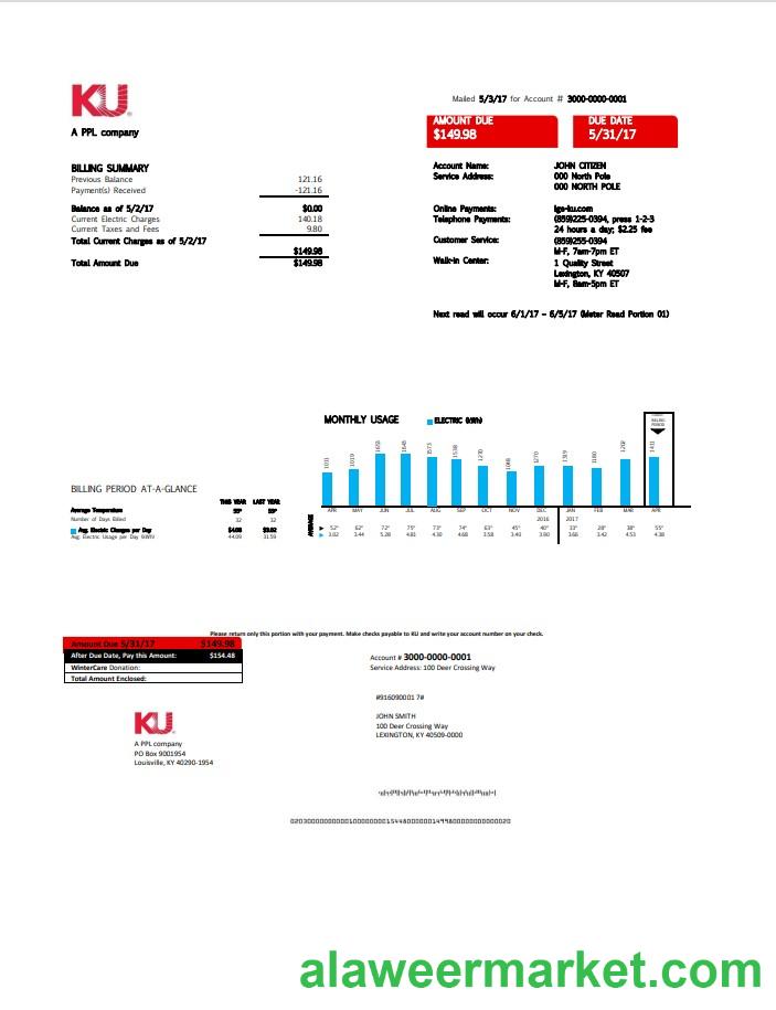USA Kentucky electricity utility bill template in Word and PDF format